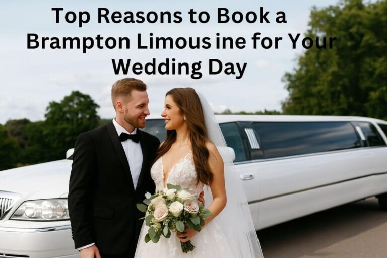 Bride and groom standing in front of a white luxury limousine on their wedding day in Brampton.