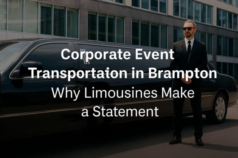 Executive limousine parked outside a modern corporate venue in Brampton, symbolizing professional and luxurious event transportation.