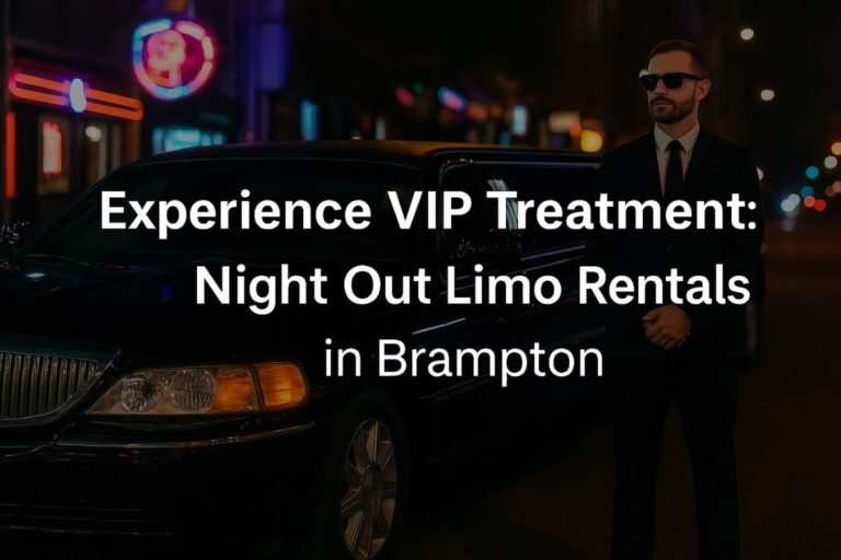 Luxury black limousine with chauffeur on a vibrant Brampton street at night, promoting VIP limo rentals for a stylish night out.
