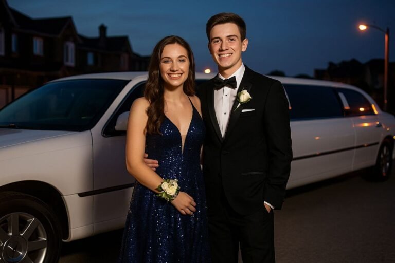 A young couple in prom attire posing in front of a white limousine on prom night in Brampton.