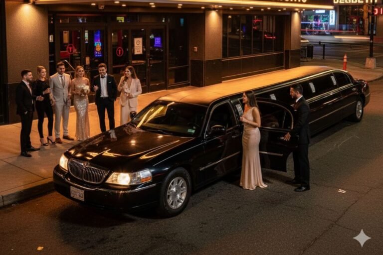 Luxury limousine parked outside Brampton nightlife venue for a stylish night out experience